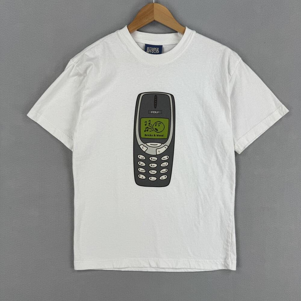 Bricks & Wood Shirt Mens Medium White Retro Cell Phone Graphic Streetwear Tee